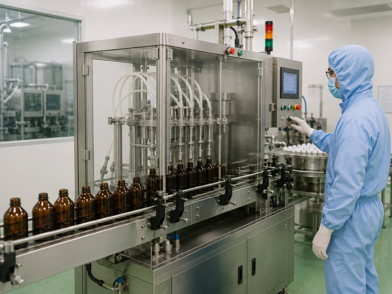 Pharmaceutical team reviewing production operations at a manufacturing facility