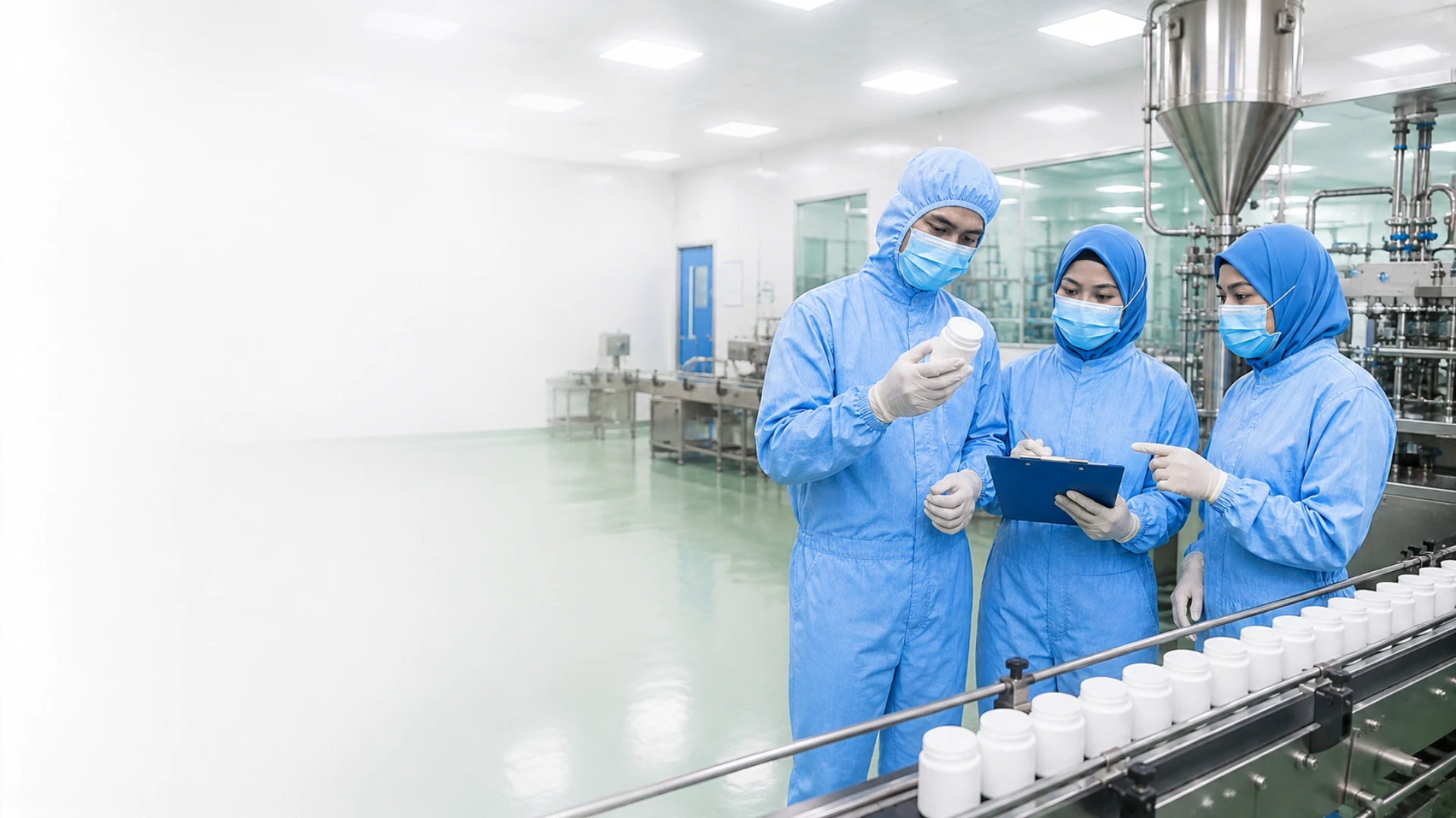 Pharmaceutical quality team inspecting controlled laboratory processes