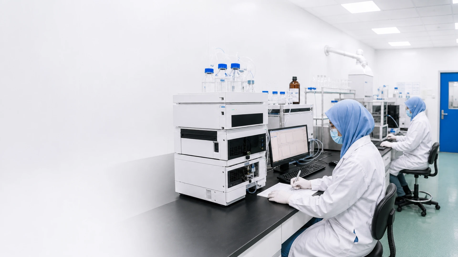 Pharmaceutical researchers working in a modern development laboratory